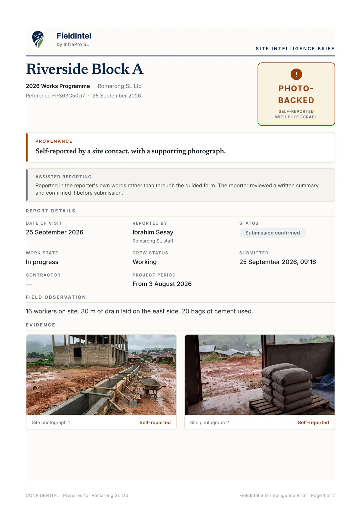 Page one of a Site Intelligence Brief for Riverside Block A: the Photo-backed seal, report details, field observation and two site photographs.